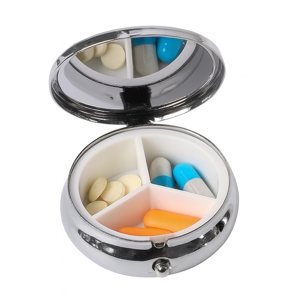 Floral Pattern Chrome Pill Box with Mirror and 3-Compartment Organizer - Picture 2 of 3